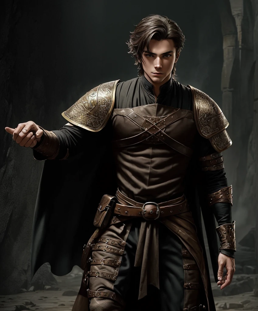  (((1boy))) (((Solo focus)))  (((Appears to be 20 years old with youthful looks.))) (((Medieval fantasy attire.))) (((Medieval fantasy aesthetic.)))  (reate an enchanting AI-generated image of a charismatic and irresistibly attractive man in a high fantasy realm. He should exude rugged, dashing charm that captures the attention. This character must embody thrilling and exciting qualities, but his arrogance should be evident in his posture and expression.

His attire should be a dazzling blend of high fantasy aesthetics, revealing a captivating, rugged bravado style that mirrors his exciting personality. The outfit should scream individuality, telling a story of grand adventures and daring escapades.

The character's face should be a canvas of vivid expressions, showcasing his charisma, bravado, and the hint of mischief that makes him all the more alluring. His body should be sculpted to perfection, reflecting a sensual and seductive allure that sets him apart as the sexiest man in this mesmerizing world of high fantasy.


