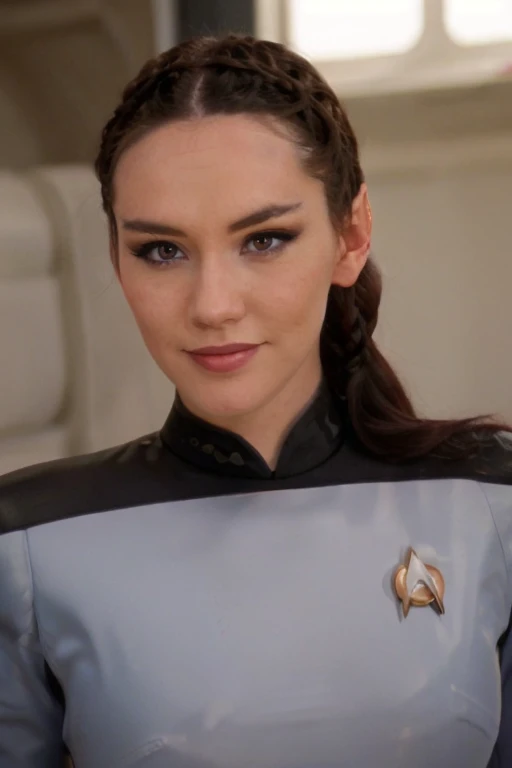 front medium (chr1sch0ng:0.99) a Christina Chong beautiful face, narrowed eyes. smirk. black braided hair, ((( vulcan pointed ears
))) , (latex s3stngunf uniform uniform),aesthetic lighting dark studio, bokeh, beautiful face, narrowed eyes. smirk. black braided hair,