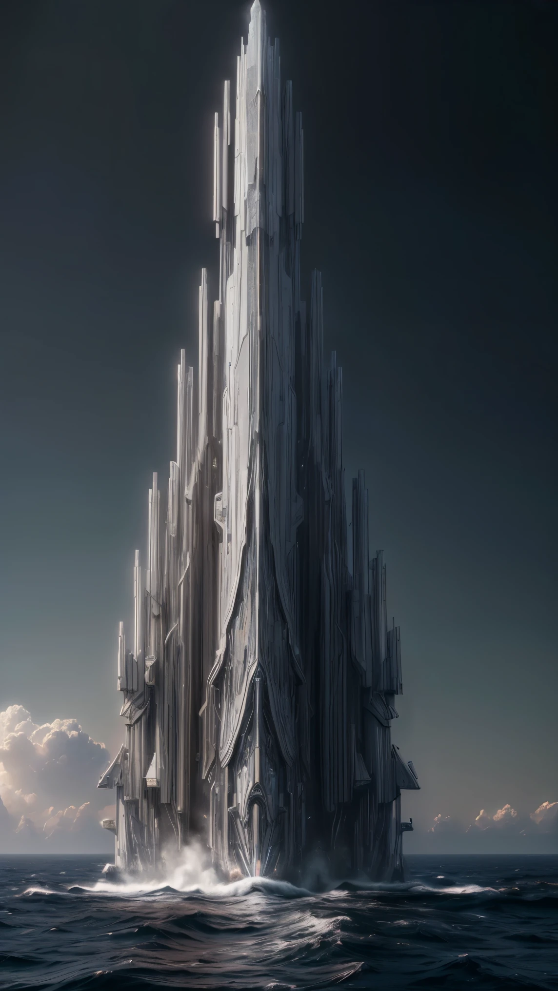 ((masterpiece, best quality, Highest image quality, high resolution, Reality, RAW photos, 8K)), A giant spaceship sailing through interstellar space, Sophisticated design, Huge and tall vertical geometric shapes stacked on top of each other, 