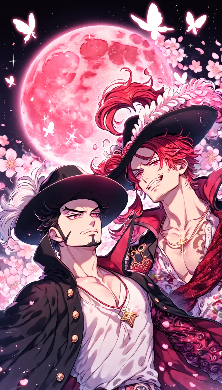 absurdres, highres, ultra detailed, HDR, master piece, best quality, extremely detailed, Dracule Mihawk, black hair, expressive red eyes, One Piece, Shanks, red hair, expressive red eyes, two sexy men together, yaoi, gay couple, handsome, wide-brimmed black hat decorated with a large plume, open black coat with a red velvet inside, without shirt, black cape, white shirt, red flower-patterned sleeves, cross necklace, magical, sparkling, pink glittering fireflies, pink ice, pink ice butterflies, pink ice petals, pink ice cherry blossoms, pink crystal, pink flowers, pink moon