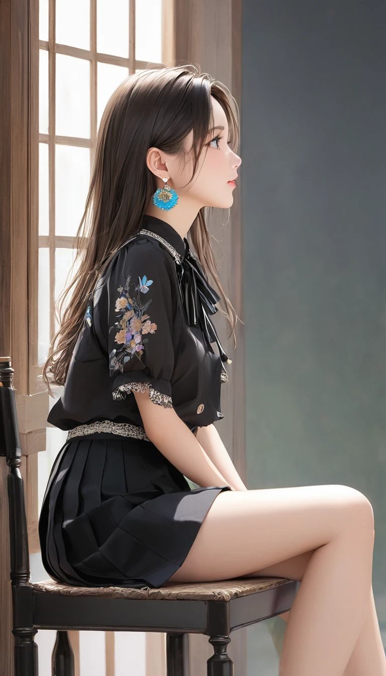 (masterpiece, Highest quality:1.2), One Girl, alone,Bony body、15 years old、Earringaster piece , best quality , detailed , blouse , skirt , sitting , (from side)