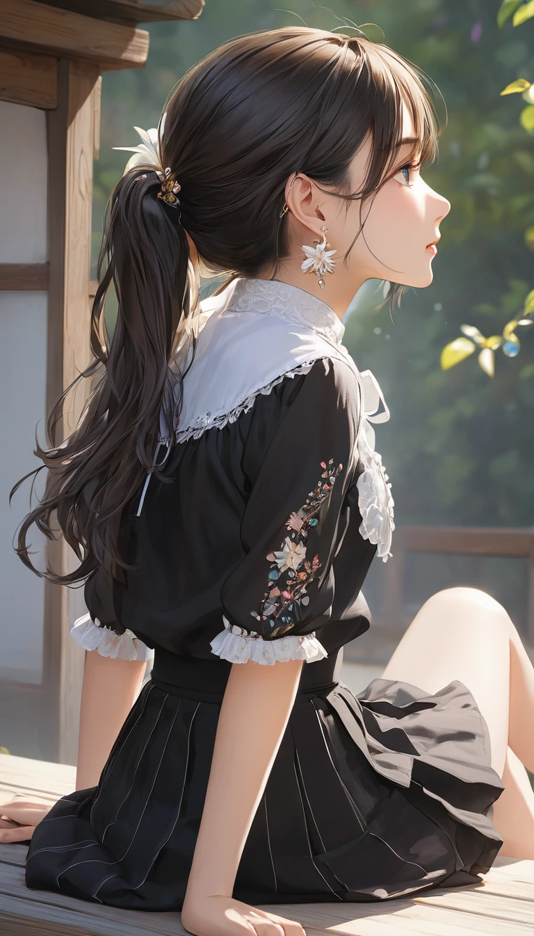 (masterpiece, Highest quality:1.2), One Girl, alone,Bony body、15 years old、Earringaster piece , best quality , detailed , blouse , skirt , sitting , (from side)