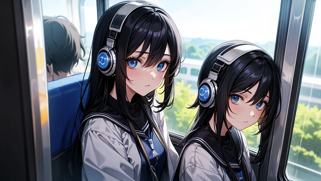 (I'm on the train, looking out the window.),black hair, hair over shoulder, blue eyes, headphones, anime, anime style, UHD, highres, best quality, 1080P, 4K