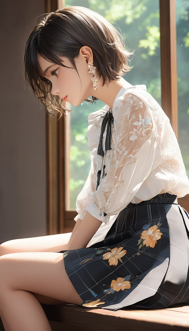 (masterpiece, Highest quality:1.2), One Girl, alone,Bony body、15 years old、Short Hair、Earringaster piece , best quality , detailed , blouse , skirt , sitting , (from side) 