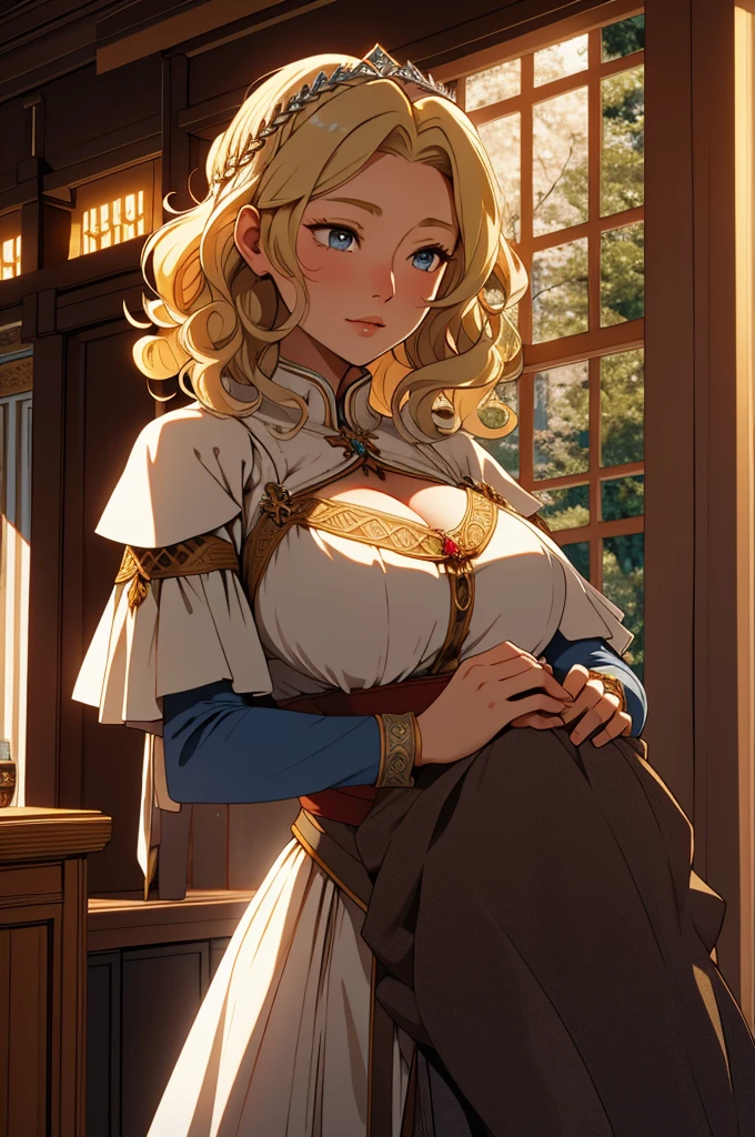 (Highest quality)、（Lower grade 1.8）、((Nordic Queen))、A little dark、Medieval Europe 4，Inside the palace、独奏,Blonde、Short Hair、curly hair、Big daughter、Large Breasts、I&#39;m a little overweight、Mature Woman、crown、FULL NUDE,back veaw,looking back