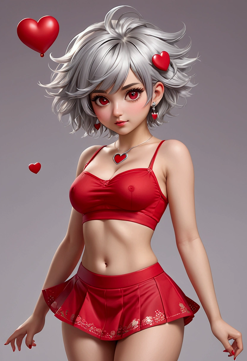 (((Masterpiece))), top quality, super detailed, small girl, blush, cute and playful, short, small crop top, under boob exposed, cute red mini skirt silver hair, fluffy hairstyle, elastic breasts, red panties, heart-blowing eyes, belly button, dynamic and cute pose.