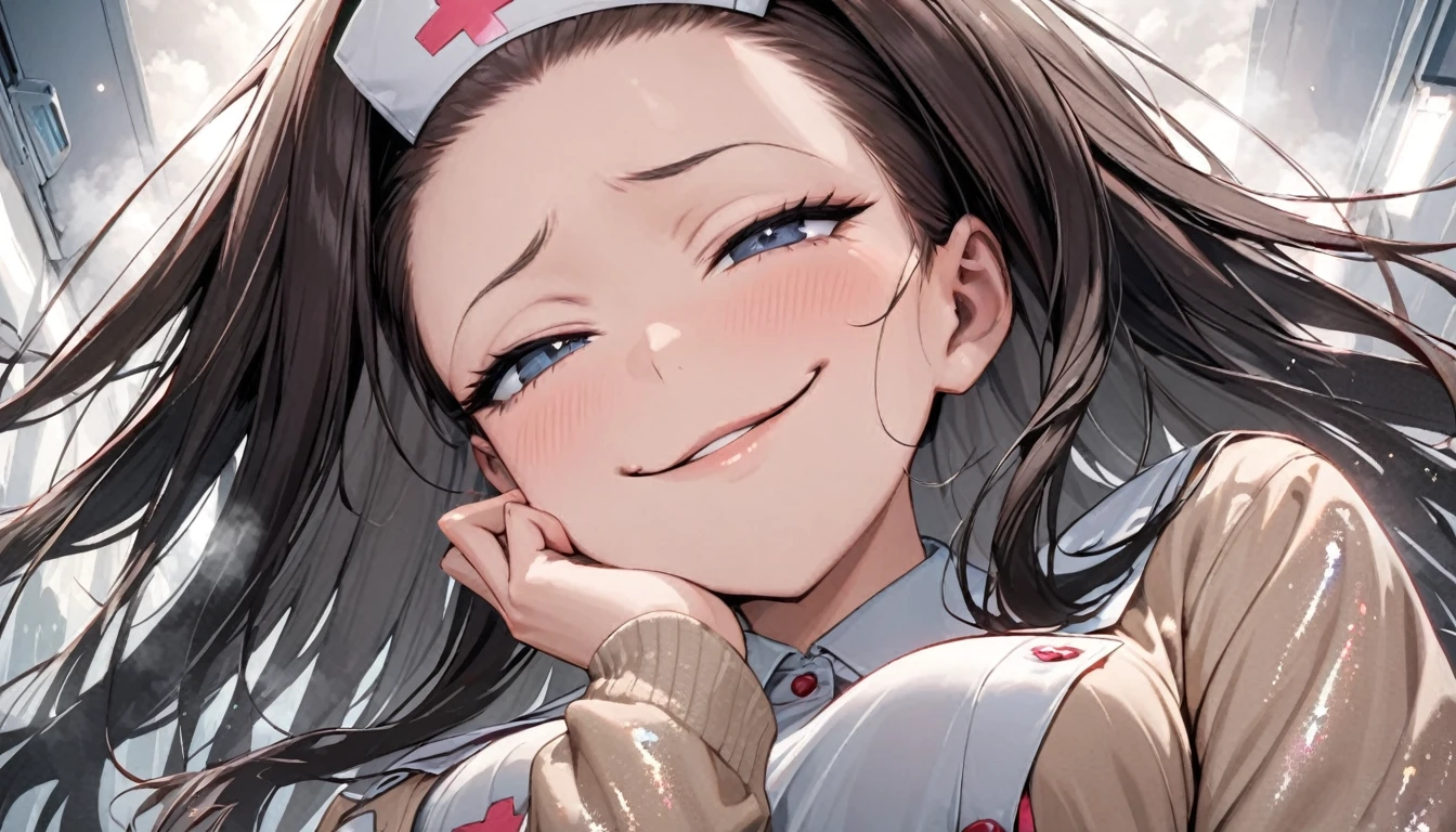 From below, Portraiture, Kind and beautiful nurse, Cool face, A shy smile, Superb proportions, She is wearing a loose cardigan over her nurse uniform., Glitter effect, fog effect、(smug face:1.5)、