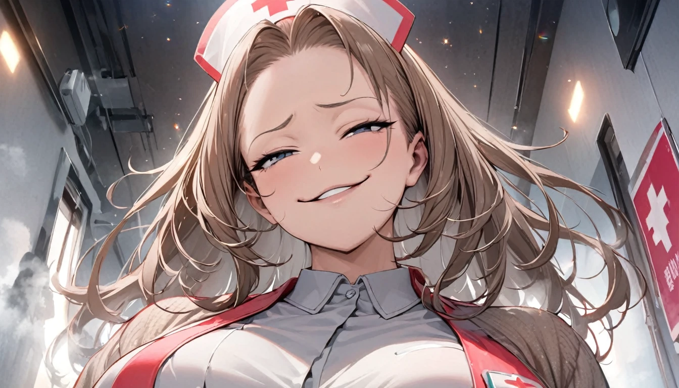 From below, Portraiture, Kind and beautiful nurse, Cool face, A shy smile, Superb proportions, She is wearing a loose cardigan over her nurse uniform., Glitter effect, fog effect、(smug face:1.5)、