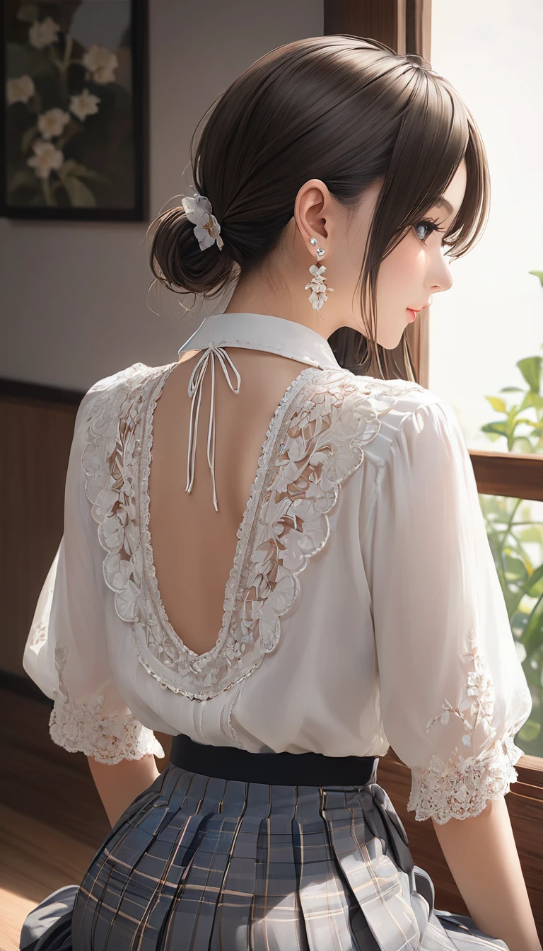 (masterpiece, Highest quality:1.2), One Girl, alone,Bony body、、Earringaster piece , best quality , detailed , woman , blouse, skirt , sitting , from back