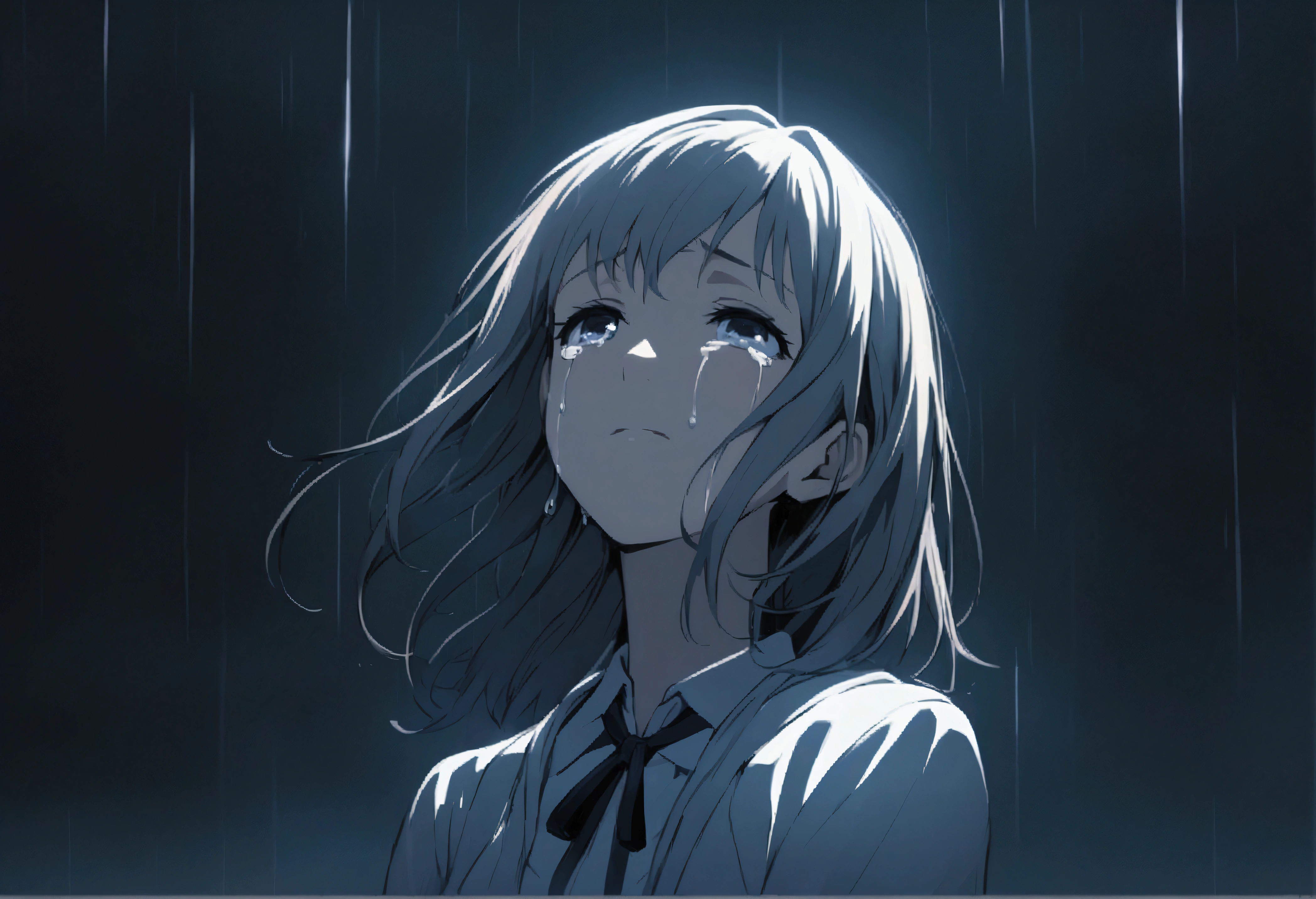 (Highly detailed CG Unity 8k wallpaper), Outdoor Garden,Beautiful young woman in the rain, Crying looking upwards,skirt, sit, full_body, dramatic, バックLight, Light, Volumetric Lighting, Delicate face, Simple Background