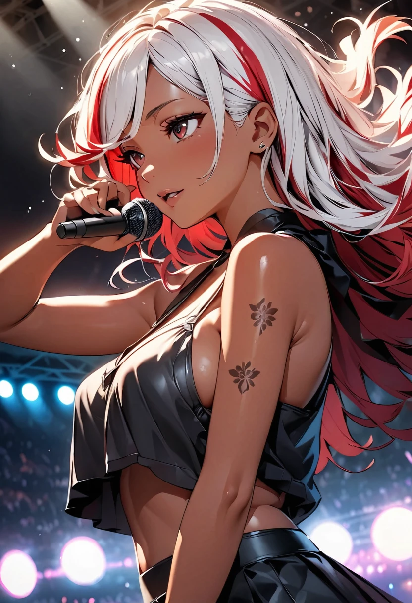 (highest quality:1.2, Very detailed, up to date, Vibrant, Ultra-high resolution, High Contrast, masterpiece:1.2, highest quality, Best aesthetics), Portraiture、girl, (solo), singer、stage、performance、Rock Music、medium wave hair、(red hair and white hair:1), ((streaked hair:1.6)), highlights hair: 1.5, red eyes, slim body, medium breast, (tan skin:1.1), look far away, Bright colors、Beautiful fine details、Beautiful lip detail、Music band、Concert Light、Edgy Style、(black Skirt-style-bikini)、loose fit, Dynamic Movement、hypnotic sounds、Stadium、amplifier、Loud music、singing into the microphone, vocal, (Floral Fineline tattoo design on left arm:1), (close-up:2), (from side:1),
