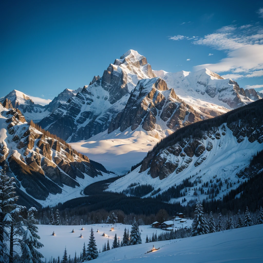 Image with mountains and snowy fantasy style background, nature essence, trees and natural lights with glowing splendor