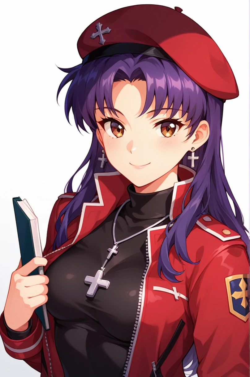 katsuragi misato,1girl,jewelry,hat,jacket,red jacket,turtleneck,long sleeves,holding,open clothes,open jacket,long hair,smile,bangs,necklace,breasts,signature,purple hair,upper body,closed mouth,parted bangs,white background,solo,earrings,cross,stud earrings,black shirt,beret,brown eyes,uniform,red headwear,cross necklace,shadow,looking at viewer,zipper,belt,simple background,looking to the side,military,medium breasts,military uniform,light smile,small breasts,pendant,clipboard,zipper pull tab,holding book,cropped torso,silhouette,score_9,score_8_up,