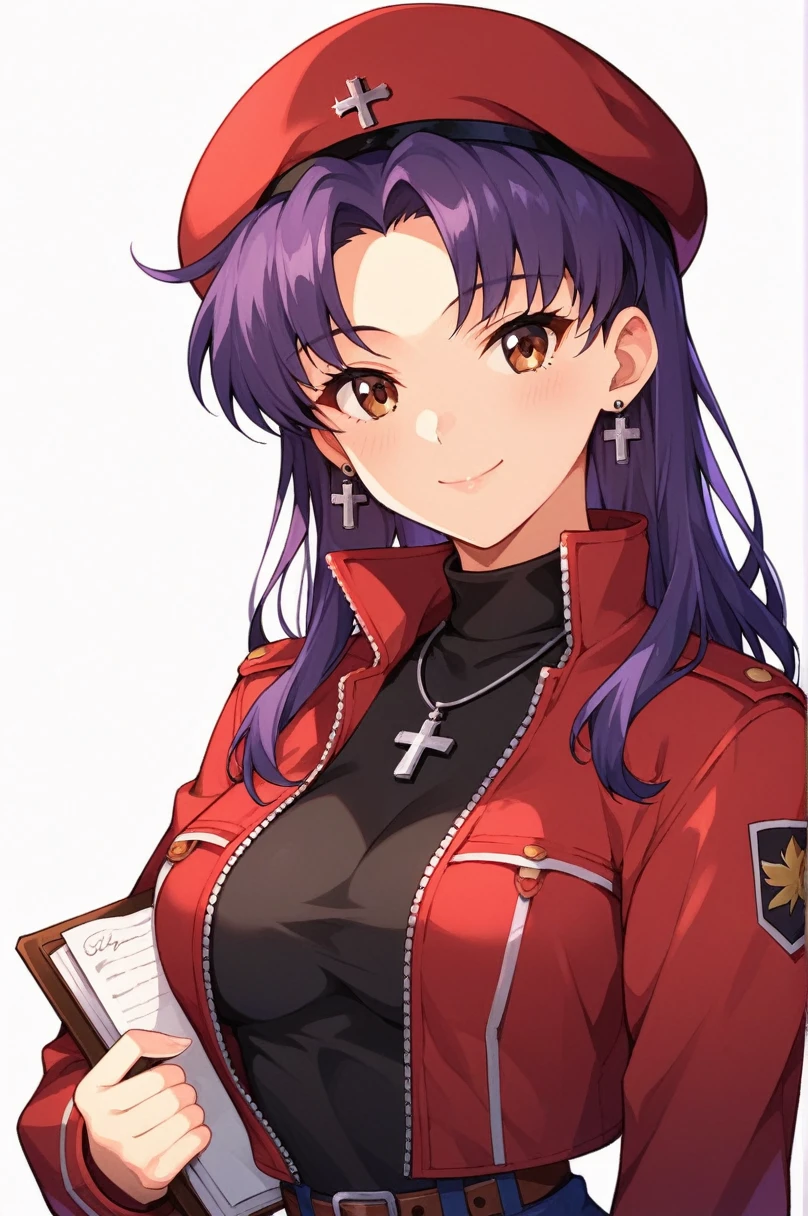 katsuragi misato,1girl,jewelry,hat,jacket,red jacket,turtleneck,long sleeves,holding,open clothes,open jacket,long hair,smile,bangs,necklace,breasts,signature,purple hair,upper body,closed mouth,parted bangs,white background,solo,earrings,cross,stud earrings,black shirt,beret,brown eyes,uniform,red headwear,cross necklace,shadow,looking at viewer,zipper,belt,simple background,looking to the side,military,medium breasts,military uniform,light smile,small breasts,pendant,clipboard,zipper pull tab,holding book,cropped torso,silhouette,score_9,score_8_up,