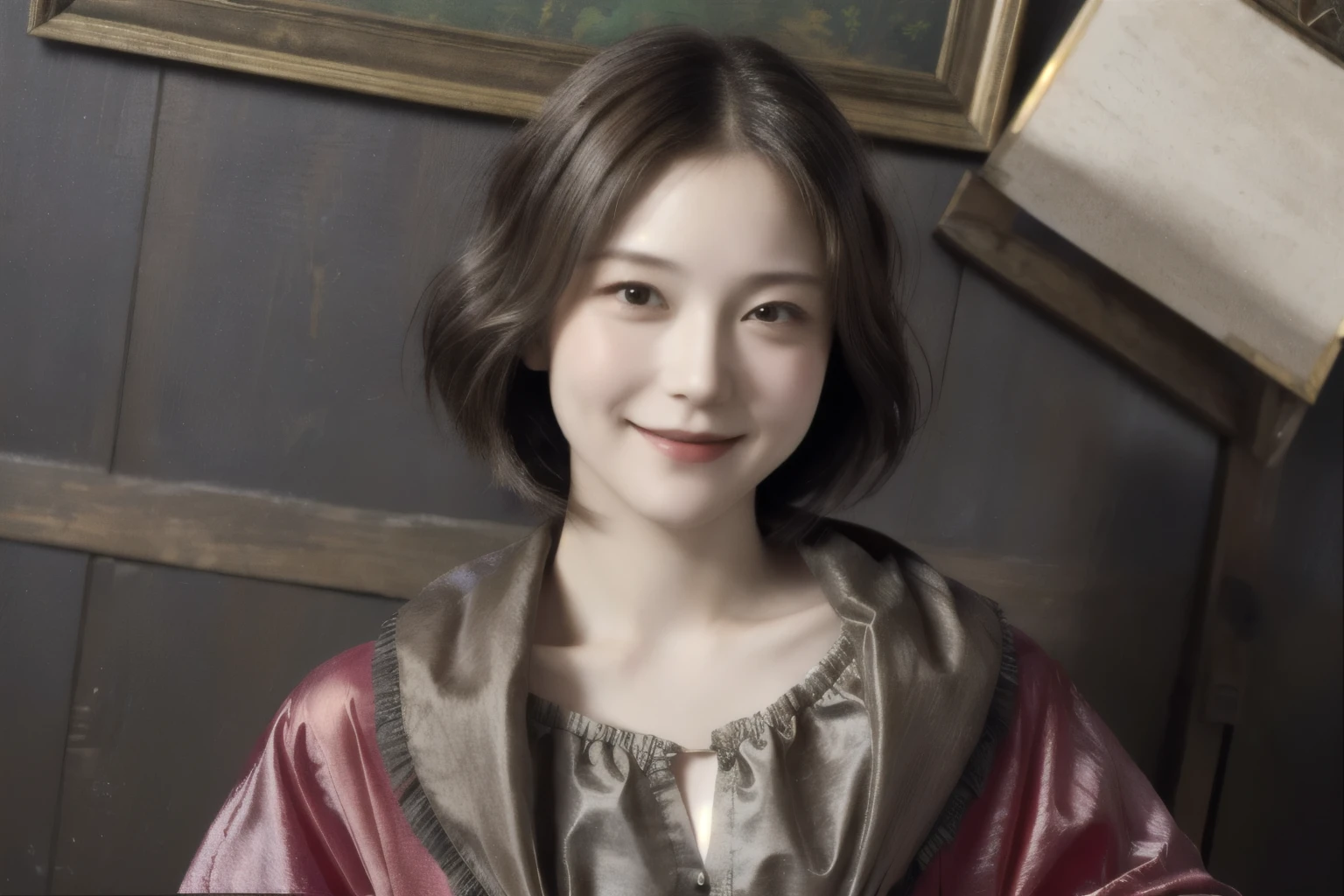 262 20-year-old female,(Short Hair 46),(Genuine,chest:1.5),Old-fashioned smile,(Paintings by Leonardo da Vinci),flower