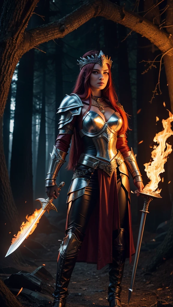 big Muscular realistic full body armor savage warrior woman. Muscular. Big round yellow eyes. sweet face. Athletic. Wavy red hair, extremely detailed big yellow round hawk eyes, golden eyes, amber eyes, big breasts, and muscular body. Holds in hand an entire detailed full visible long katana. long katana. Big yellow eyes. Full body. yellow eyes. Full long katana. woods background. full long katana. Big round yellow eyes. Athletic. Full visible long katana. Muscular woman. Yellow eyes. Green brown leather armor