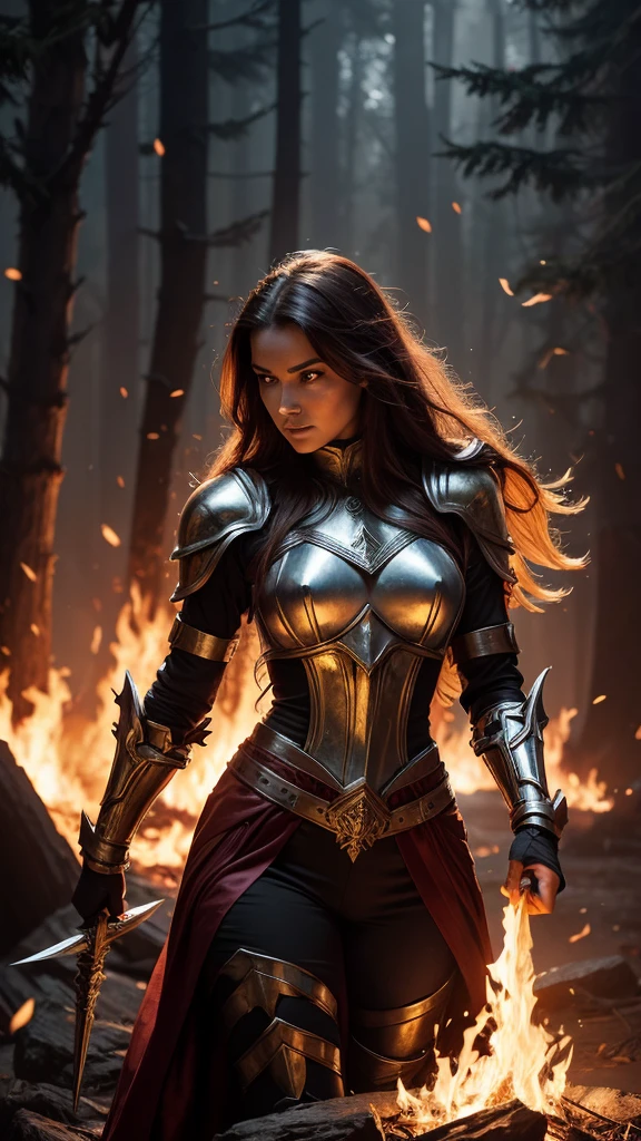 a woman in armor with a sword and fire in her hand, she has fire powers, a very beautiful berserker woman, appears as the goddess of fire., fire wizard, fantasy woman, evil fire sorceress in the forest, The flames surround her, diablo 4 queen, epic fantasy art style, the queen of fire, diablo 4 Lilith, Goddess of hot fire