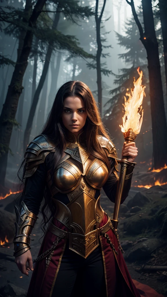 a woman in armor with a sword and fire in her hand, she has fire powers, a very beautiful berserker woman, appears as the goddess of fire., fire wizard, fantasy woman, evil fire sorceress in the forest, The flames surround her, diablo 4 queen, epic fantasy art style, the queen of fire, diablo 4 Lilith, Goddess of hot fire