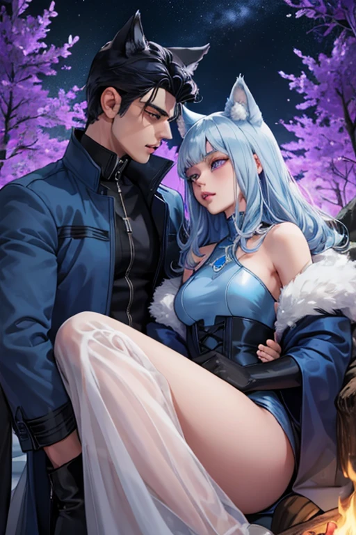 One man. One woman. Perfect face. Perfect hands. Perfect blue wolf ears. Perfect blue wolf tail. A handsome black haired man with blue wolf ears and a blue tail in a long coat is kissing a young silver haired woman with violet eyes and silver cat eyes and silver cat ears by a campfire in the woods at night
