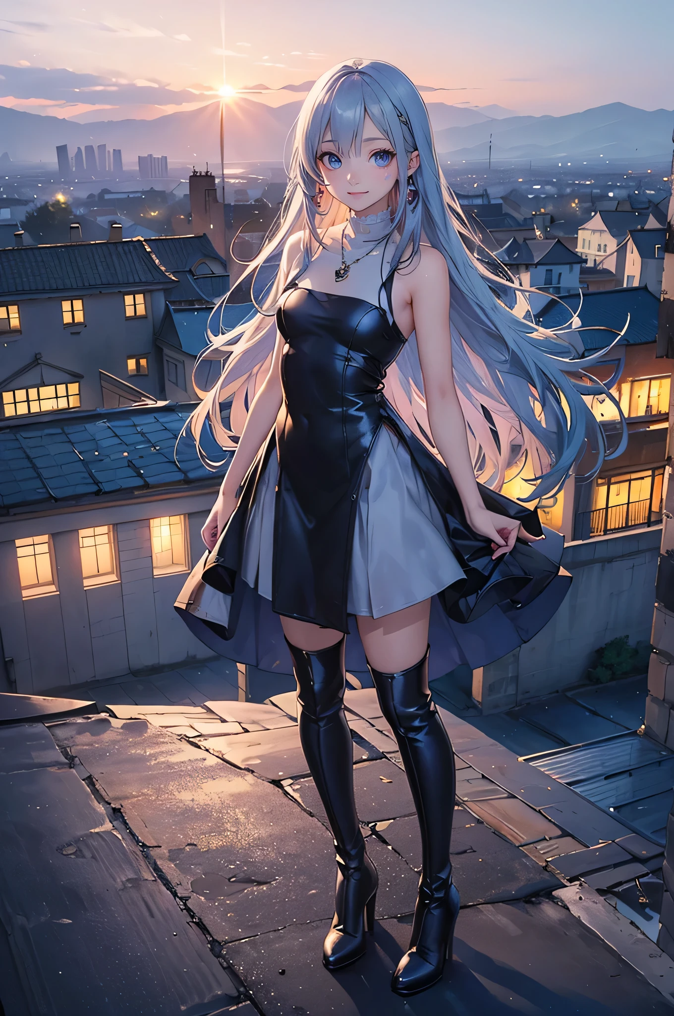 ((Biologically correct limb count)),(( From head to toe,Full-body photo including face)),4K,((Standing position)),masterpiece,((Focus on the face)),((Symmetrical facial features)),Eyes with detailed description,Beautiful woman,Great style,Beautiful arms,Beautiful legs,Beautiful Hands,(Small Ass,Thin thighs),Detailed depiction of the face,Small earrings,necklace,(Tight Dress((High heel long boots))),((evening,Looking out at the city from the school rooftop)),(((blue blonde))),Realistic photo,