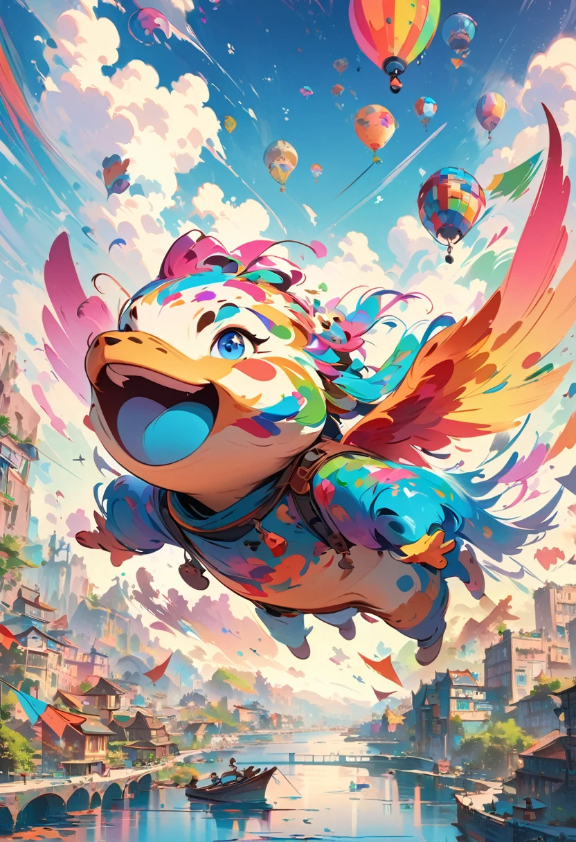 brightly colored flags are flying in the air above a city, colorful concept art, colorful anime movie background, atey ghailan 8 k, inspired by Atey Ghailan, by Atey Ghailan, award-winning concept art, james gilleard artwork, colorful digital painting, beautiful art uhd 4 k, 4 k hd illustrative wallpaper