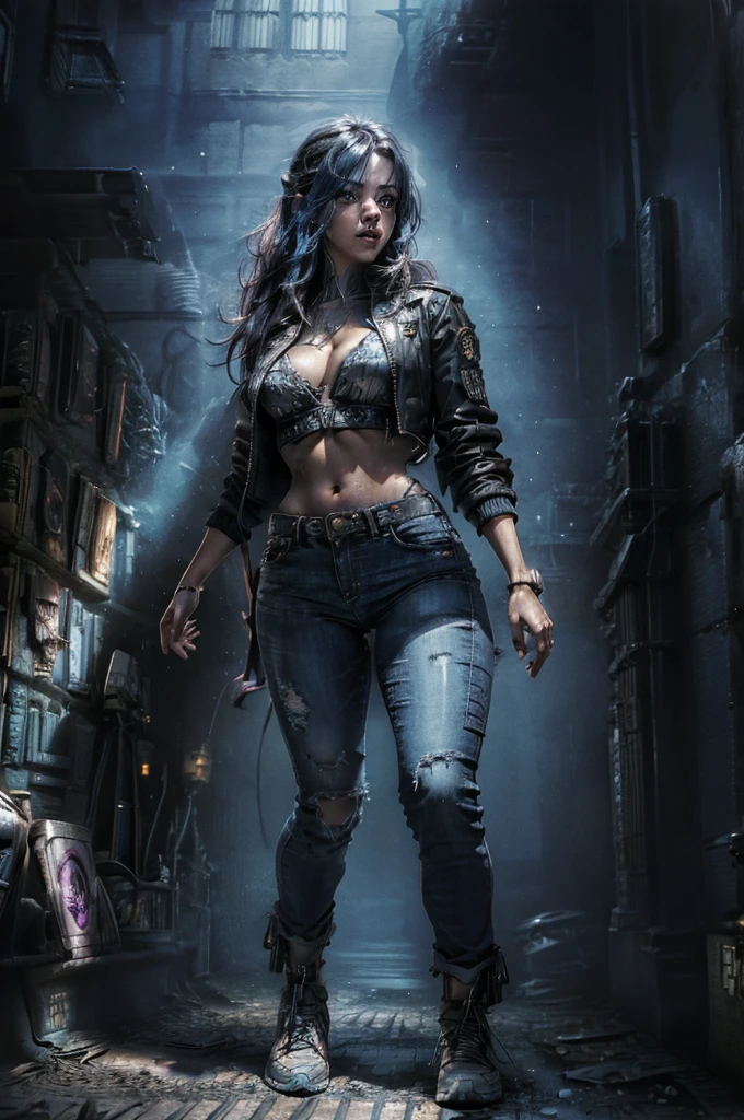 solo, (dark bomber jacket, high waisted jeans, sneakers), better eyes, better skin, better face, super fine illustration, (realistic skin), (insanely detailed blue eyes), milf, (face focus), (((front view))), looking past viewer, vivid and beautiful, shocking sensation, incredibly detailed, beautiful detailed girl, (lithe), Sasha Yakovleva, Cyberpunk 2077, Edgerunner, Night City, cyberpunk character concept art, (thin waist:0.8), (wide hips:0.8), (large—medium supple breasts:0.8), (see-through:0.5), (plump thighs:0.6), movie lighting, weighted shadows, weighted hair, realistic physics, perfect shadow, realistic lighting shaded, cyberpunk scenery