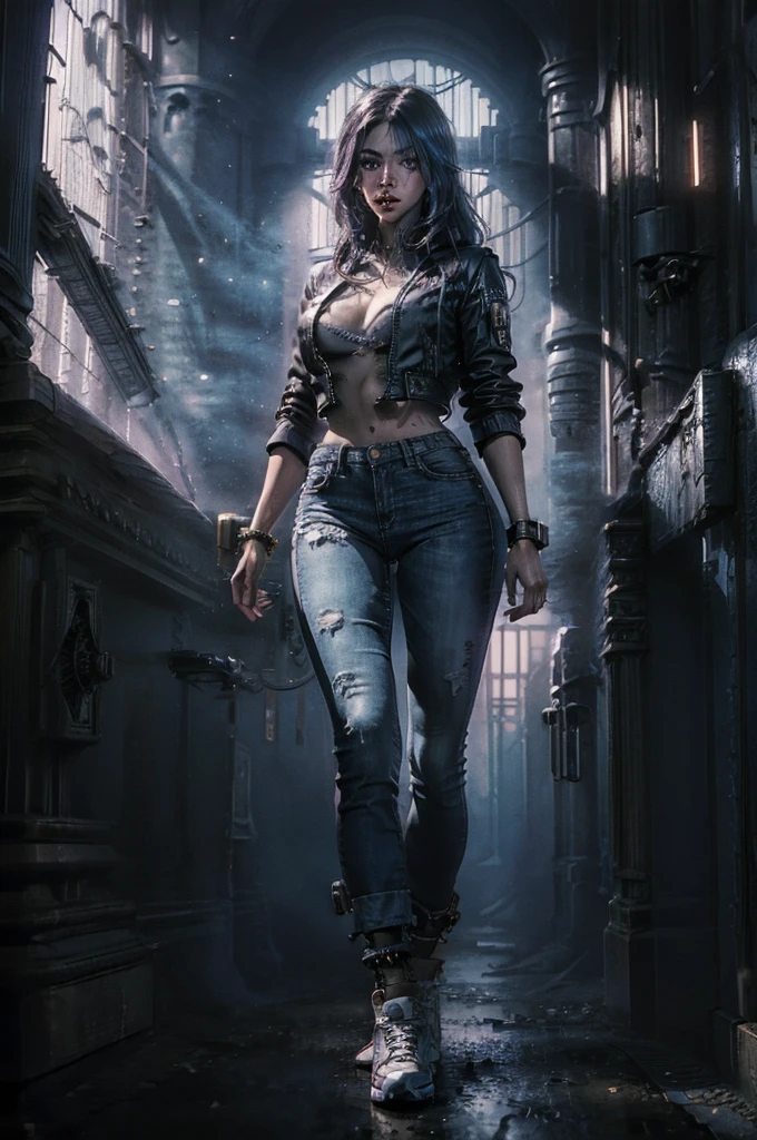 solo, (dark bomber jacket, high waisted jeans, sneakers), better eyes, better skin, better face, super fine illustration, (realistic skin), (insanely detailed blue eyes), milf, (face focus), (((front view))), looking past viewer, vivid and beautiful, shocking sensation, incredibly detailed, beautiful detailed girl, (lithe), Sasha Yakovleva, Cyberpunk 2077, Edgerunner, Night City, cyberpunk character concept art, (thin waist:0.8), (wide hips:0.8), (large—medium supple breasts:0.8), (see-through:0.5), (plump thighs:0.6), movie lighting, weighted shadows, weighted hair, realistic physics, perfect shadow, realistic lighting shaded, cyberpunk scenery