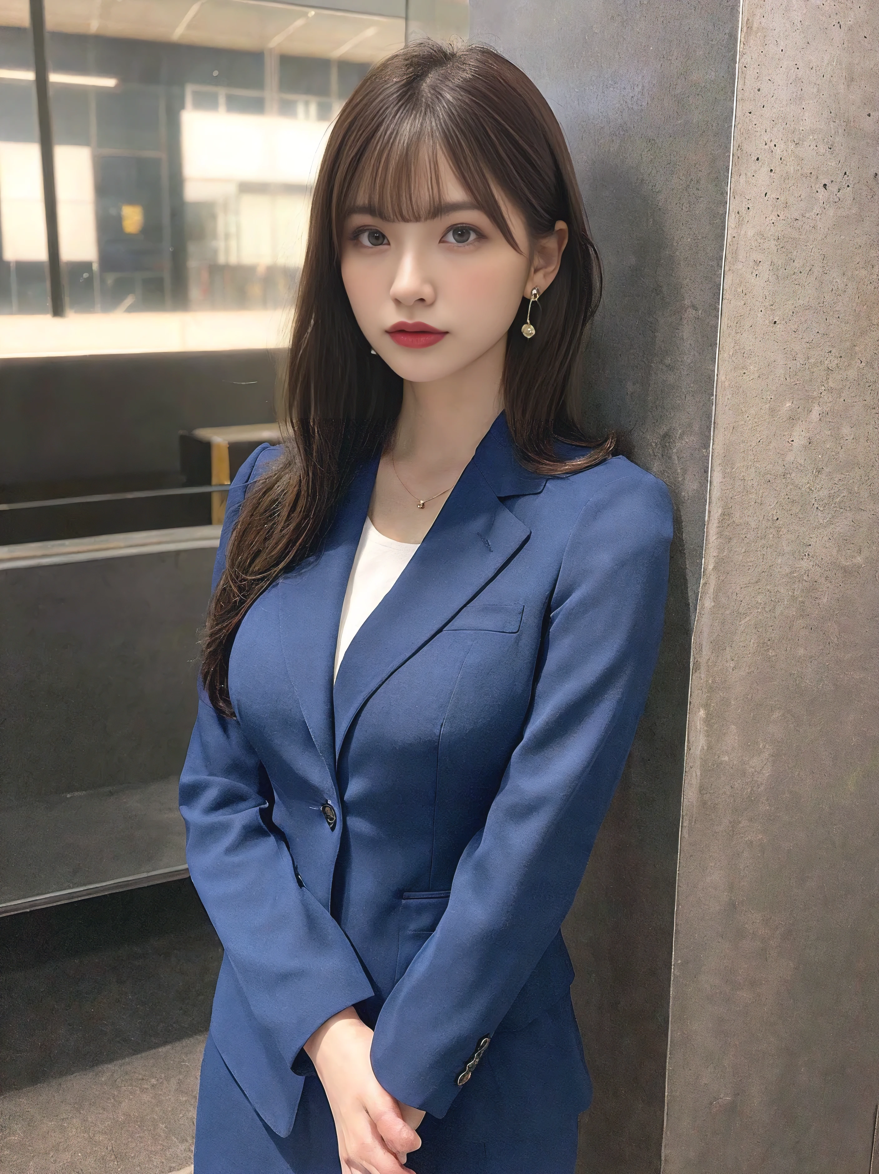 High resolution, Highly detailed photos, Ultra-realistic, Professional Lighting, whole body, 8k wallpaper, Highest quality, One Girl, Straight Hair, Look at the viewers, business suit, Dark blue suit, shirt, Earrings, necklace, pantyhose, Big Breasts、Depth of written boundary, Put your arms down, Breasts pressed together、With bangs、Brown Hair