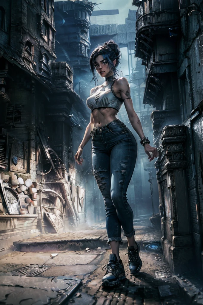 solo, (dark shirt, high waisted jeans, sneakers), better eyes, better skin, better face, super fine illustration, (realistic skin), (insanely detailed blue eyes), milf, (face focus), (((front view))), looking past viewer, vivid and beautiful, shocking sensation, incredibly detailed, beautiful detailed girl, (lithe), Sasha Yakovleva, Cyberpunk 2077, Edgerunner, Night City, cyberpunk character concept art, (thin waist:0.8), (wide hips:0.8), (large—medium supple breasts:0.8), (see-through:0.5), (plump thighs:0.6), movie lighting, weighted shadows, weighted hair, realistic physics, perfect shadow, realistic lighting shaded, cyberpunk scenery