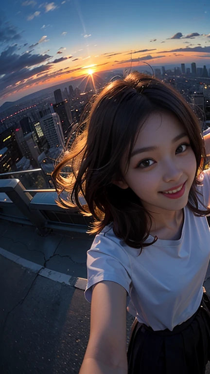 One girl, Korean, Fisheye Lens, Selfie, Wind, Messy Hair, sunset, Cityscape, (Aesthetics and atmosphere:1.2),smile