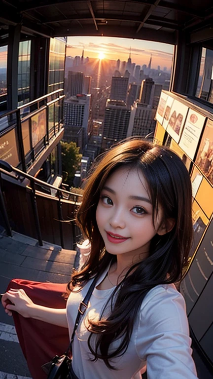 One girl, Korean, Fisheye Lens, Selfie, Wind, Messy Hair, sunset, Cityscape, (Aesthetics and atmosphere:1.2),smile