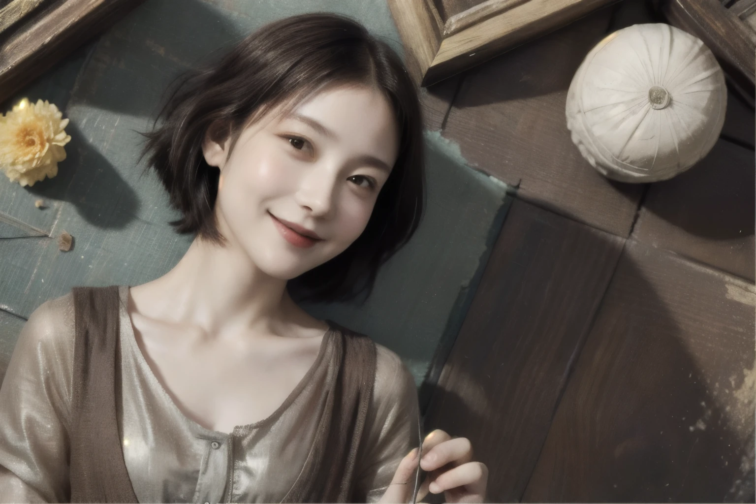 262 20-year-old female,(Short Hair 46),(Genuine,chest:1.5),Old-fashioned smile,(Paintings by Leonardo da Vinci),flower