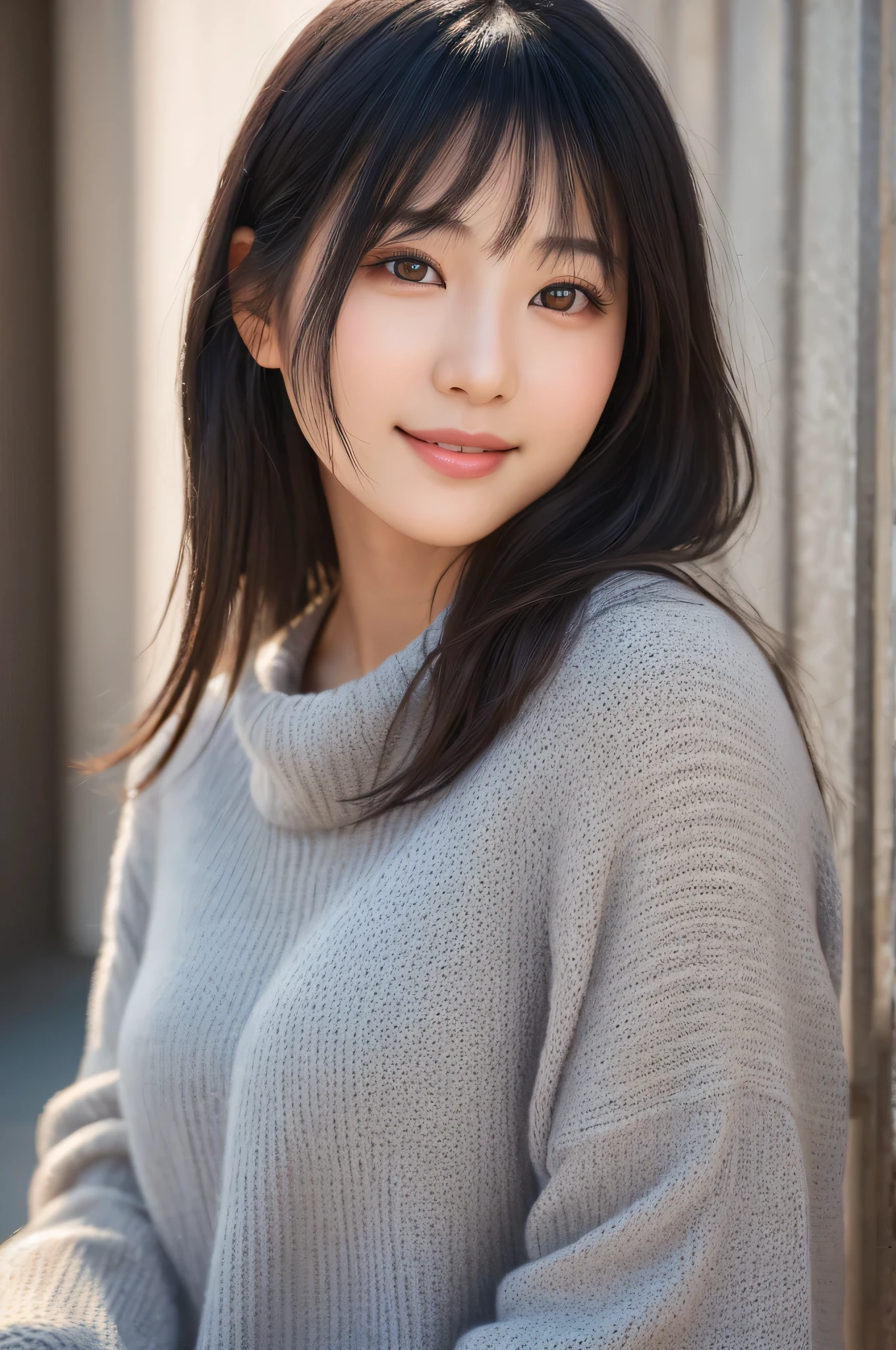 (photorealistic:1.2), young beautiful Japanese girl, soft natural lighting, detailed skin texture, high resolution, 8k, sharp focus, (high detail:1.3), (realistic eyes:1.2), silky black hair, gentle smile, natural makeup, casual modern clothing, studio portrait, professional photography