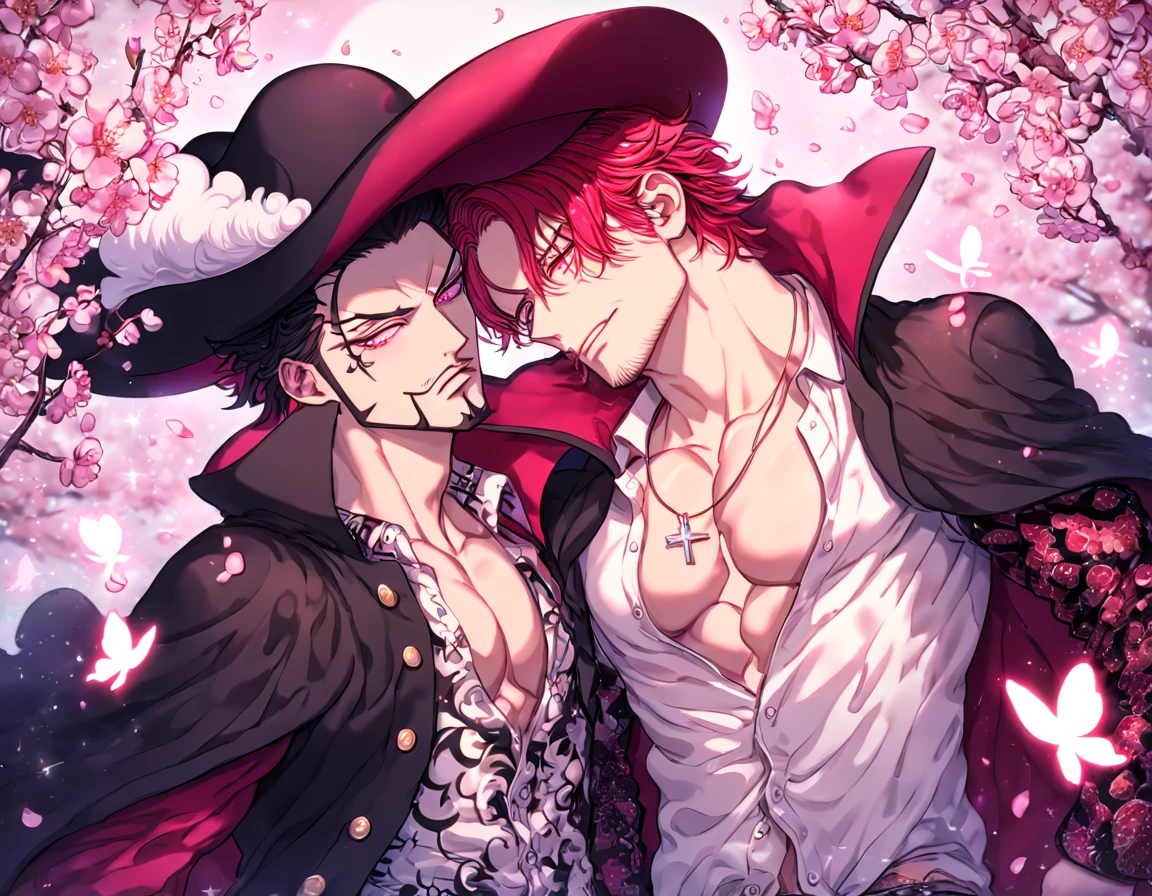 absurdres, highres, ultra detailed, HDR, master piece, best quality, extremely detailed, Dracule Mihawk, black hair, expressive red eyes, One Piece, Shanks, red hair, expressive red eyes, two sexy men together, yaoi, gay couple, handsome, wide-brimmed black hat decorated with a large plume, open black coat with a red velvet inside, without shirt, black cape, white shirt, red flower-patterned sleeves, cross necklace, magical, sparkling, pink glittering fireflies, pink ice, pink ice butterflies, pink ice petals, pink ice cherry blossoms, pink crystal, pink flowers, pink moon