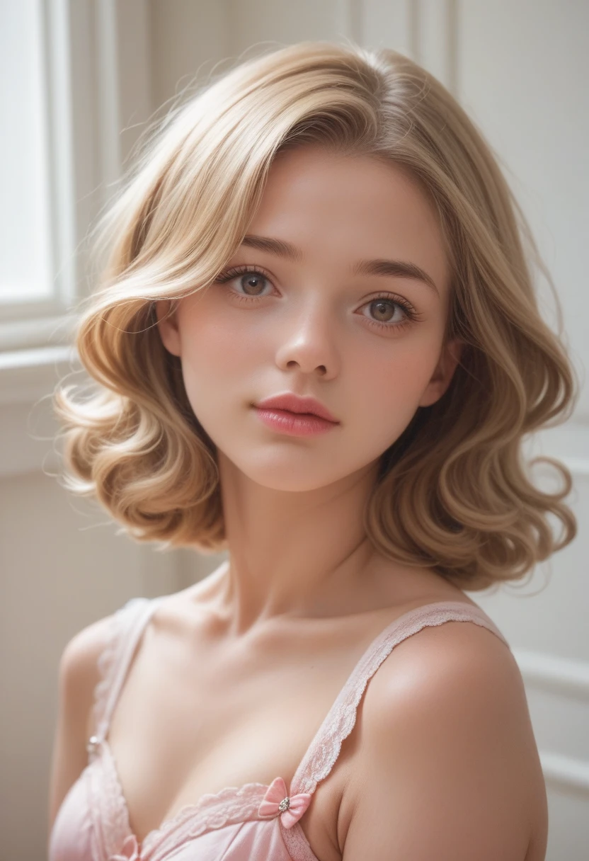 ((Best Quality)), ((masterpiece)), (detailed), perfect face 17 year old girl, short medium blonde hair, tender and innocent light brown eyes, pink lips with cupid's bow, white, a big bust, She is wearing a red blouse with straps and you can see her cleavage.., with jeans, is 1, sexy, Masturbating
