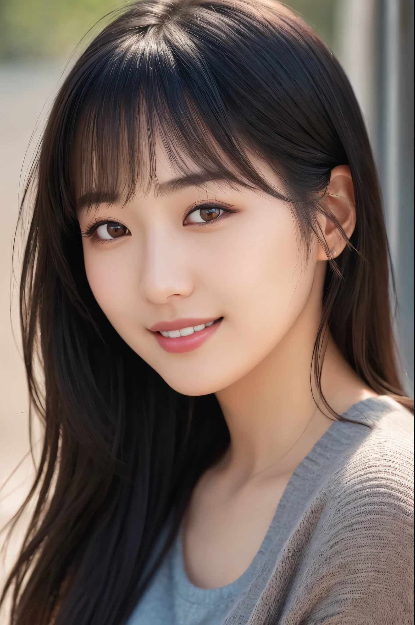 (photorealistic:1.2), young beautiful Japanese girl, soft natural lighting, detailed skin texture, high resolution, 8k, sharp focus, (high detail:1.3), (realistic eyes:1.2), silky black hair, gentle smile, natural makeup, casual modern clothing, studio portrait, professional photography