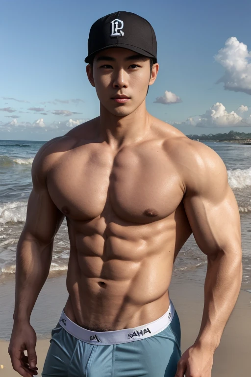 realistic photo, 8k , Handsome young muscular Korean man, without a shirt on , Wearing only black and white boxers, extremely large swelling, Beach, wearing a baseball cap
