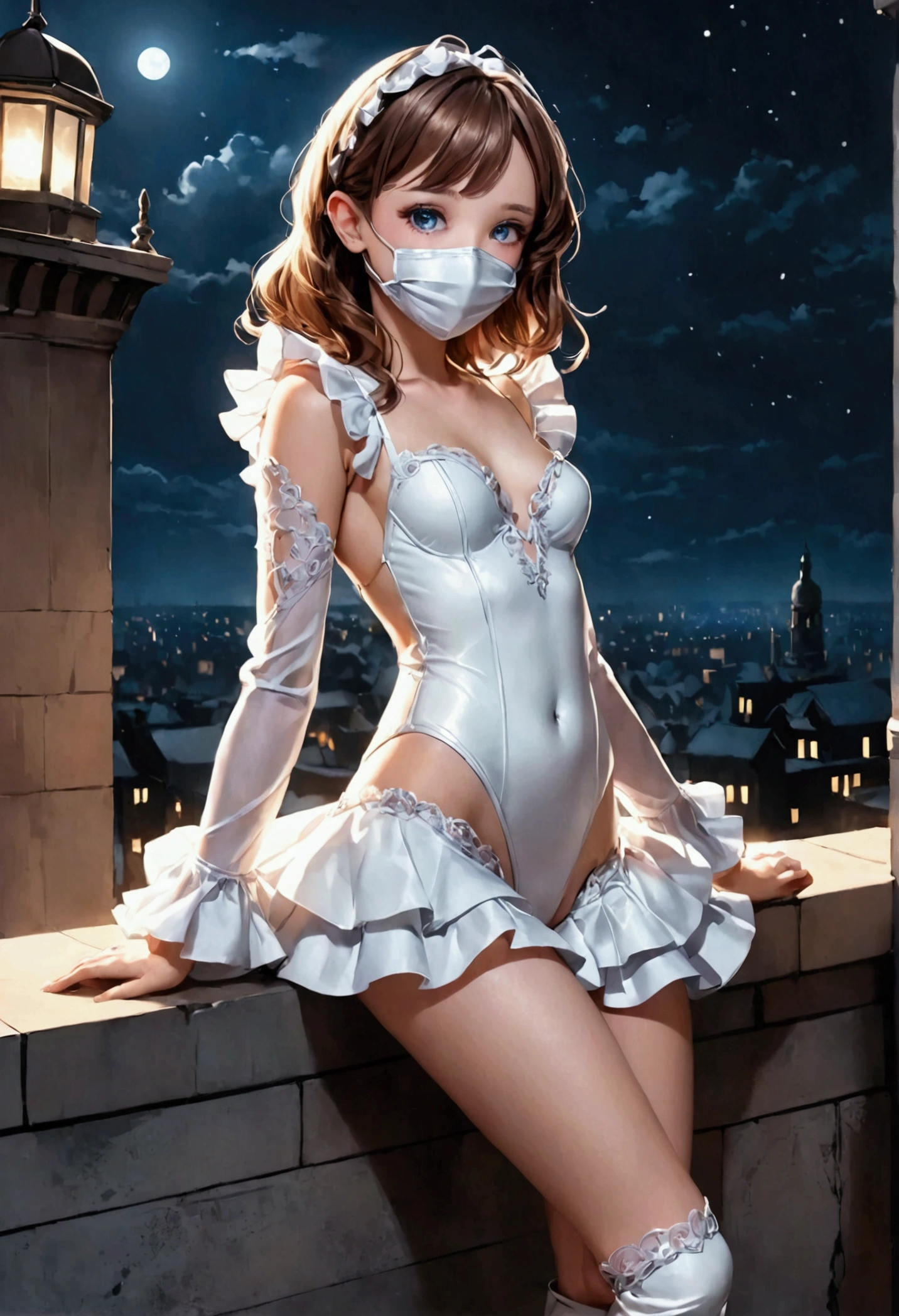 Young girl with delicate features, thin but cute face, light white skin with a slight blush, glowing light blue eyes, long, slightly wavy brown hair with pink highlights, wearing a heroine outfit consisting of a white leotard with cute and delicate details in ruffles and lace and the sleeves cover the entire arm, on the hips in the back there are ruffles that imitate a white skirt and on the feet are white boots that go up to the knees and have crystal details, On her face she wears a mask that covers her mouth and is adorned with crystals.. She is on top of a building during a dark night. 
