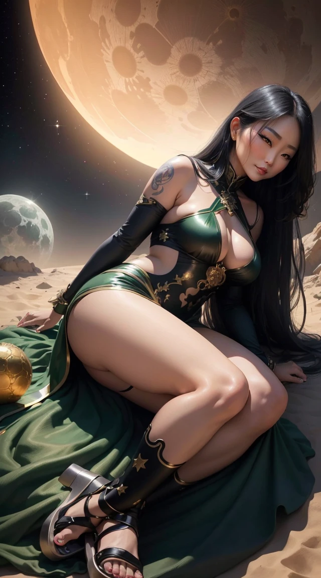 45-year-old Asian woman with curvaceous body hyper-realistic ultra-realistic in sensual position long hair black smile naughty look tender look Roman sandals walking galactic costume on the moon and with the sun on her back with red-green dragon tattoos all over her body