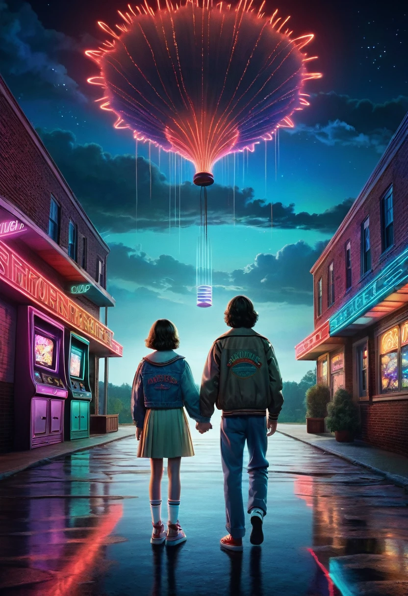 An intimate and unexpected twist in the Upside Down World as Eleven and Max Mayfield, once young companions in the 1980s-inspired sci-fi realm of "Stranger Things," have mysteriously grown older. Now in their mid-twenties, they stand in a quaint, yet eerily inverted version of Hawkins, Indiana. The sky above is a swirling vortex of dark clouds, hinting at the alternate dimension's persistent influence. Their attire is a stylish blend of the familiar and the uncanny, with Eleven in a sleek, modern dress that echoes her signature look, and Max sporting a vintage jacket over a contemporary outfit. Their expressions are a mix of wonder and solemnity, reflecting the weight of their unanticipated future. They hold hands tightly, a symbol of the enduring bond that has evolved into a deep romantic connection. The setting is a mirrored version of the local arcade, "The Upside Arcade," with reversed neon lights flickering against the aged, distressed walls. The floorboards underfoot are warped, and the games around them seem to stretch into an infinite horizon, creating a disorienting and surreal atmosphere. The iconic "Stranger Things" font logo is flipped upside down, reinforcing the topsy-turvy nature of their reality. The tender embrace shared by the couple suggests a quiet strength that has grown between them, a testament to the trials they have faced together in their peculiar world. The scene is bathed in a soft, muted light, casting a nostalgic glow that contrasts with the stark shadows of the Upside Down's ominous presence lurking outside the window. Their eyes meet, filled with love and the unspoken promise to navigate this bizarre existence as partners, forever entwined in the heart of the supernatural chaos that has shaped their lives.
