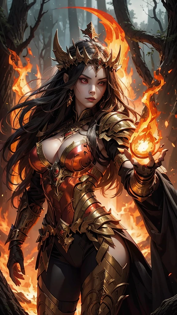 a woman in armor with a sword and fire in her hand, she has fire powers, a very beautiful berserker woman, appears as the goddess of fire., fire wizard, fantasy woman, evil fire sorceress in the forest, The flames surround her, diablo 4 queen, epic fantasy art style, the queen of fire, diablo 4 Lilith, Goddess of hot fire