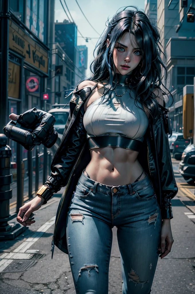 solo, (dark coat, white shirt, high waisted jeans, sneakers), better eyes, better skin, better face, super fine illustration, (realistic skin), (insanely detailed blue eyes), milf, (face focus), (((front view))), looking past viewer, vivid and beautiful, shocking sensation, incredibly detailed, beautiful detailed girl, (lithe), Sasha Yakovleva, Cyberpunk 2077, Edgerunner, Night City, cyberpunk character concept art, (thin waist:0.8), (wide hips:0.8), (large—medium supple breasts:0.8), (see-through:0.5), (plump thighs:0.6), movie lighting, weighted shadows, weighted hair, realistic physics, perfect shadow, realistic lighting shaded, cyberpunk scenery