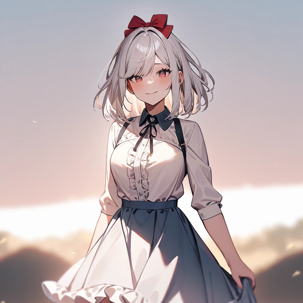 1girl,Solo,White hair,Blue and red, swept bangs,straight-on,medium hair,big breast,masterpiece, best quality,very aesthetic,absurdres,(hair bow),(Low brightness),(frill dress),(red)