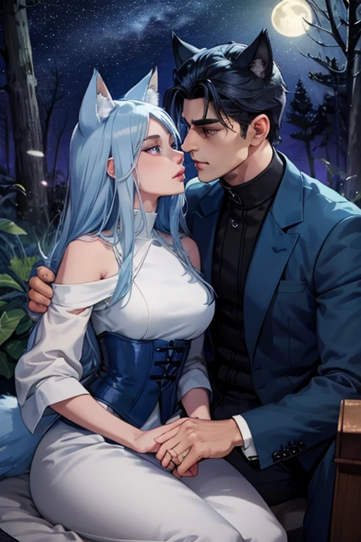 One man. One woman. Perfect face. Perfect hands. Perfect blue wolf ears. Perfect blue wolf tail. A handsome black haired man with blue wolf ears and a blue tail in a long coat is kissing a young silver haired woman with violet eyes and silver cat eyes and silver cat ears by a campfire in the woods at night
