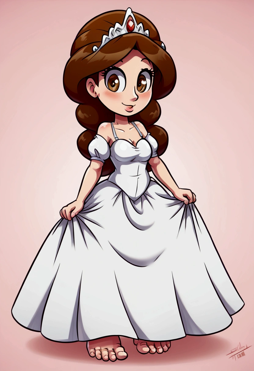 A_princess_with_big_feet (((massive, alternate size, and giant feet, giant toes, standing))) hair_color (brown hair) (white dress) eye_color (brown eyes) silver_tiara ((teasing, cute, funny, adorable, masterpiece, high quality))