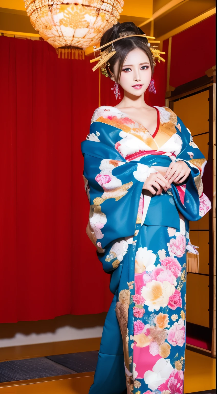 ((masterpiece(:1.4),Highest quality,Ultra-high resolution,Highest quality,8k,Extremely detailed,In detail))。night,Japanese,(A beautiful woman),glossy,slim,Large Breasts(1.6),sexy,glamorous,Golden Ratio Style,Perfect Style,whitening,Flashy gal makeup,Red light district,Bedroom,Oiran,Prostitute,Sunny day outfit,Uchikake,Gold brocade,((A gorgeous kimono)),A cutting board belt tied in front,Hair tying,hairpin,hair ornaments,Gorgeous costumes,Beautiful standing posture,Presence,Exude sex appeal,