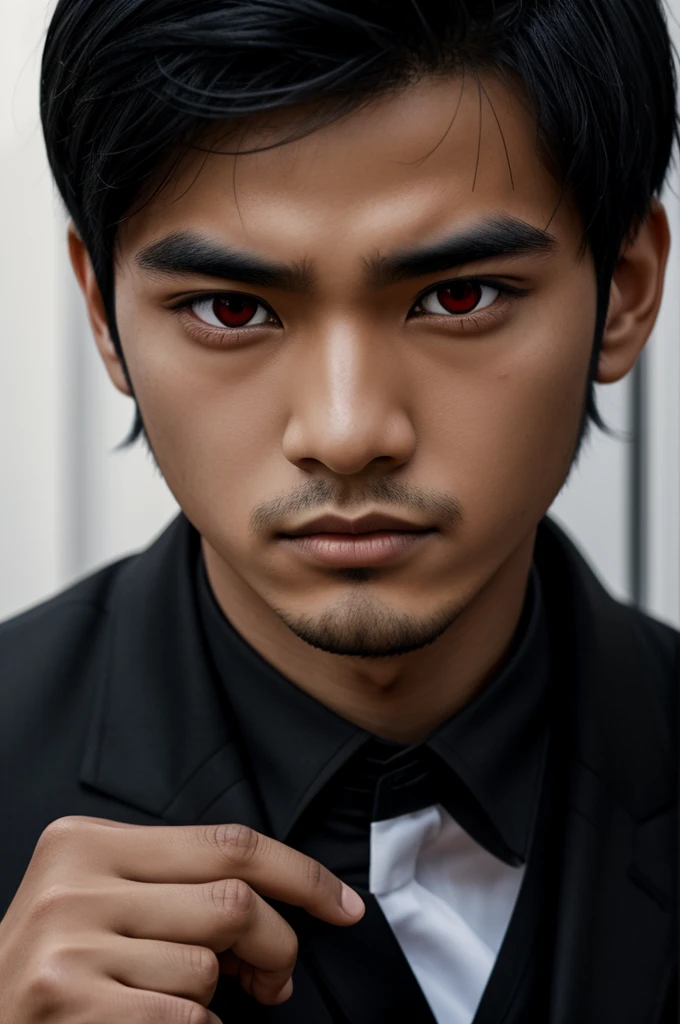 Asian black hair boy, yeux noir, blood red pupils, in a black suit, charismatic