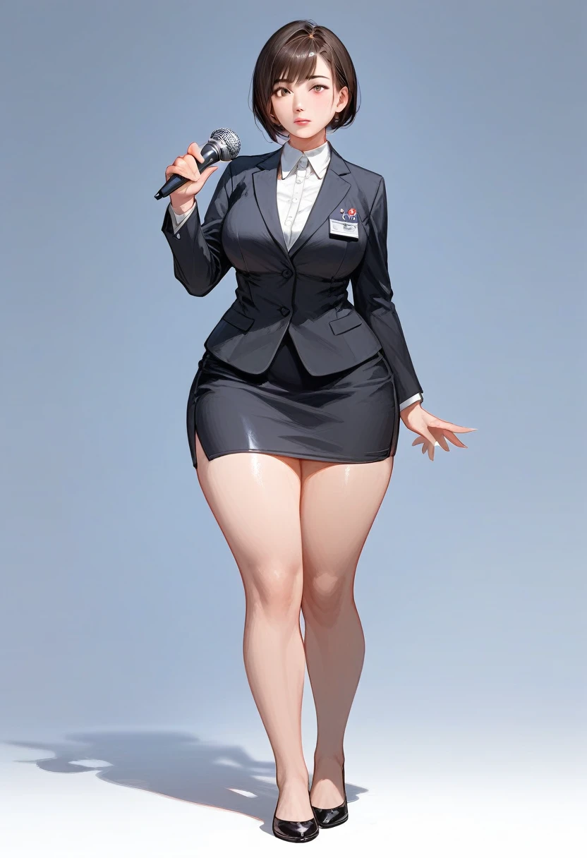 (score_9,score_8_up,score_7_up) 1lady asian, solo, mature female, (black short hair), bob hairstyle, bangs, almond eyes, (suit), tight black blazer, (tight pencil_skirt), blank expression, pale, ((thick thighs)) ((flatshoes, black footwear))  ((wide hips)) standing upright, full body shown, holding microphone, news reporter, busty, thick legs, thick thighs pressed together, asian woman, hourglass bodyfigure, staring at camera, asian details, facing forward, detailed face, staring, detailed hands, beautiful hands, delicate hands, long fingernails, no nail polish