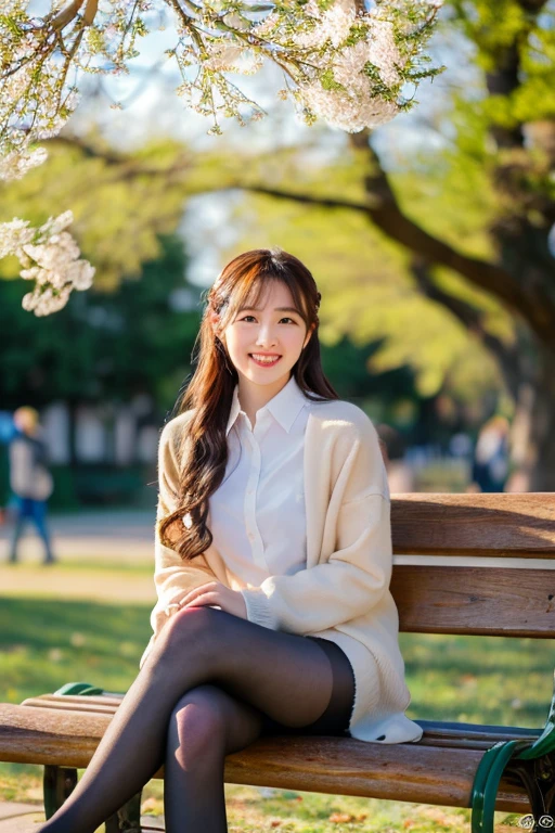 (ulzzang-6500-v1.1, (highest quality: 1.3), (masterpiece: 1.3), (super detailed: 1.3), (genuine:1.4), (muste piece), １woman、spring sunshine、sunshine、quiet park bench、spring fashion、Wearing ultra-realistic pantyhose、amazingly beautiful woman、gentle smile、Premonition of romantic love、Uplifting、are having fun、full of joy、lots of fun、the cowboy shot)