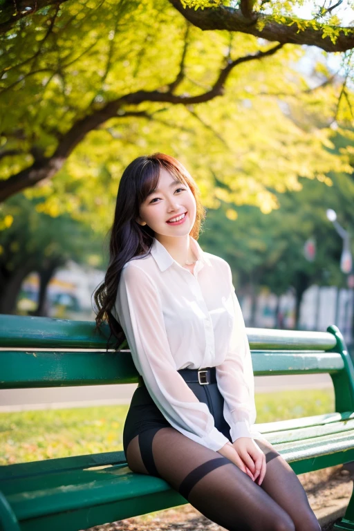 (ulzzang-6500-v1.1, (highest quality: 1.3), (masterpiece: 1.3), (super detailed: 1.3), (genuine:1.4), (muste piece), 1woman、spring sunshine、sunshine、quiet park bench、spring fashion、Wearing ultra-realistic pantyhose、amazingly beautiful woman、gentle smile、Premonition of romantic love、Uplifting、are having fun、full of joy、lots of fun、the cowboy shot)